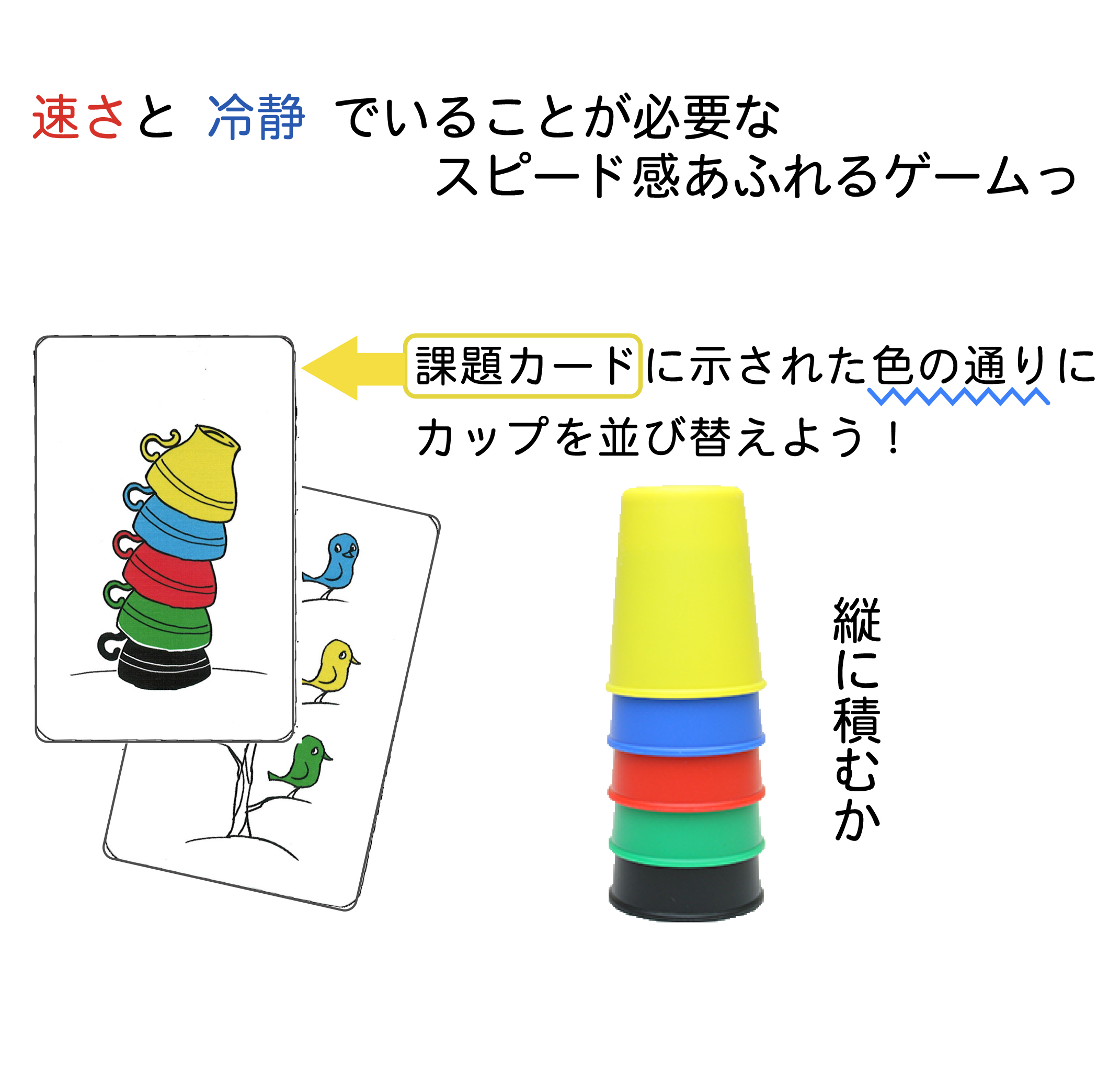 速さと 冷静 でいることが必要なスピード感あふれるゲームっ。課題カードに示された色の通りにカップを並び替えよう!
